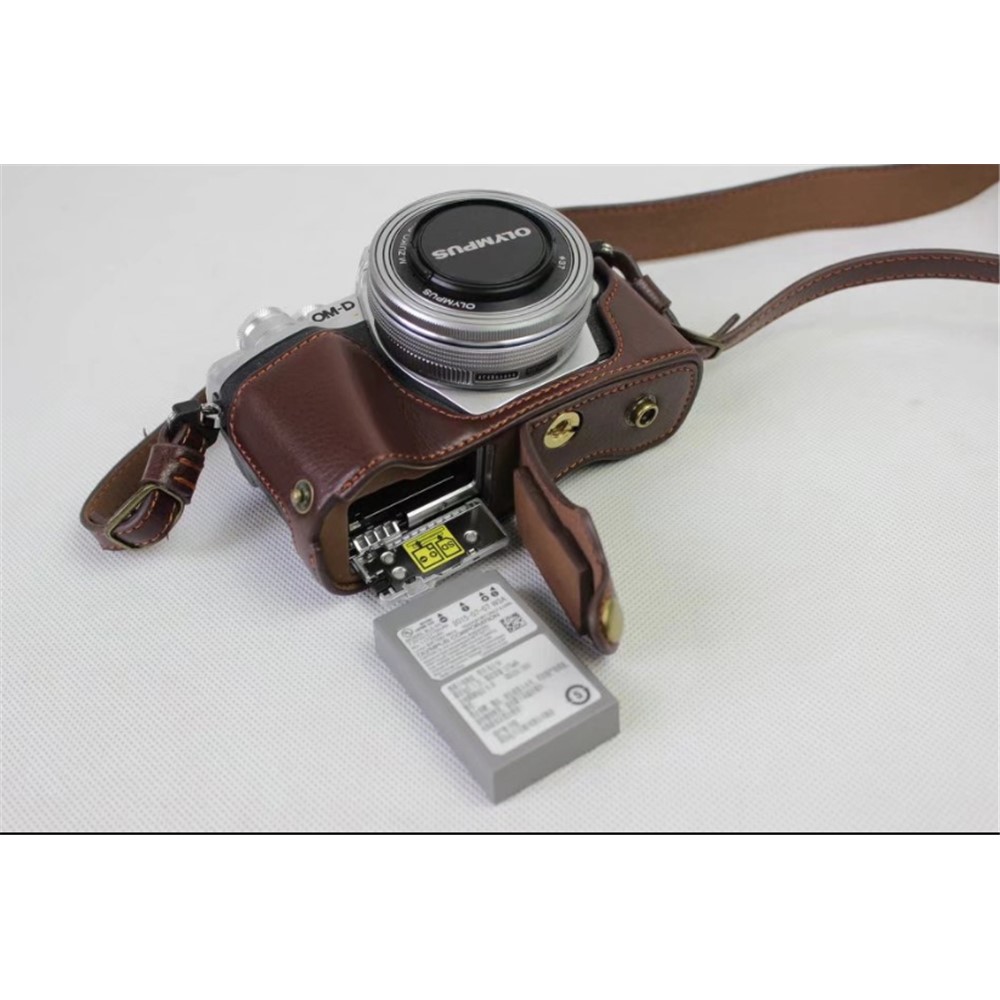 Genuine Cowhide Leather Camera Protection Cover Bag for Olympus OMD E-M10III - Coffee-7