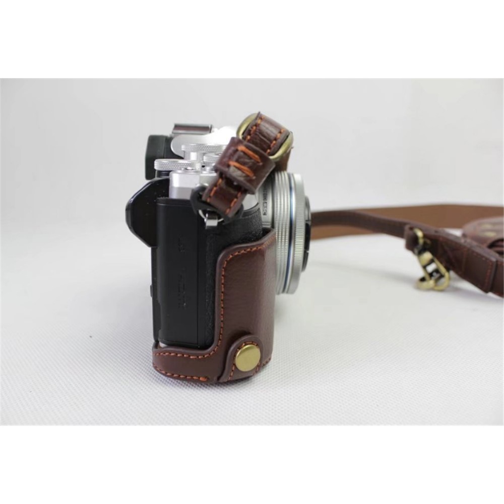 Genuine Cowhide Leather Camera Protection Cover Bag for Olympus OMD E-M10III - Coffee-8