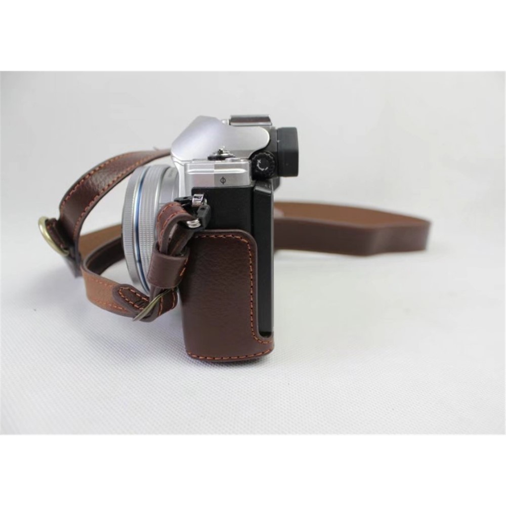 Genuine Cowhide Leather Camera Protection Cover Bag for Olympus OMD E-M10III - Coffee-9
