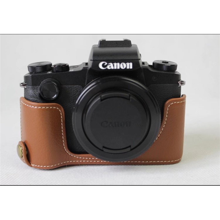 Genuine Leather Half Camera Case Bag Protector for Canon G1X Mark III - Brown-19