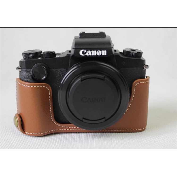 Genuine Leather Half Camera Case Bag Protector for Canon G1X Mark III - Brown-10