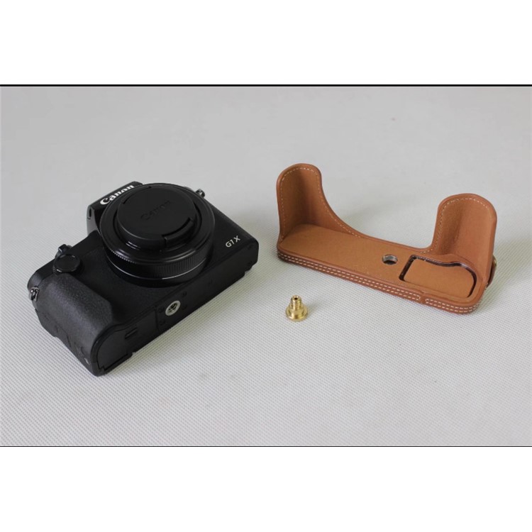 Genuine Leather Half Camera Case Bag Protector for Canon G1X Mark III - Brown-5