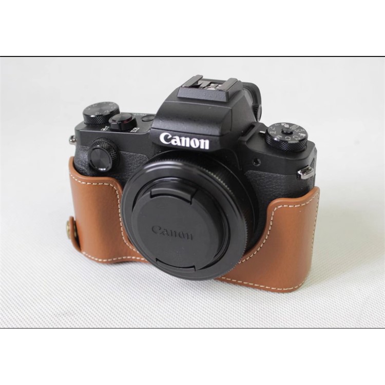 Genuine Leather Half Camera Case Bag Protector for Canon G1X Mark III - Brown-8