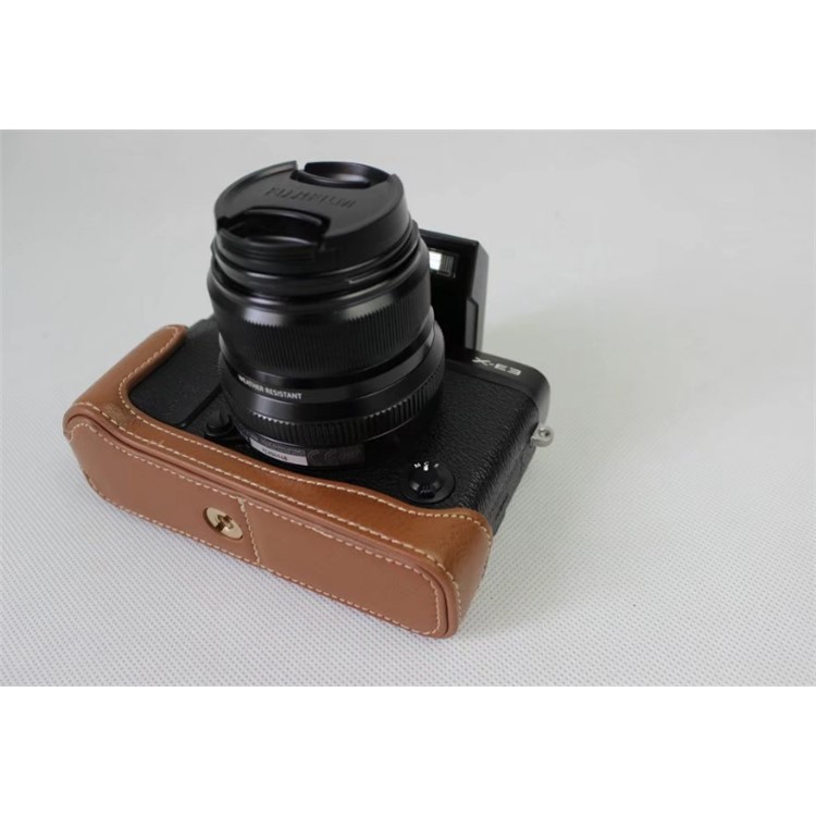 Genuine Leather Half Camera Case Bag Cover Protector for Fujifilm X-E3 Camera - Brown-3