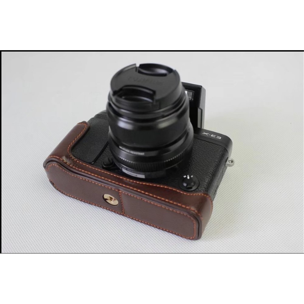 Genuine Leather Half Camera Cover Bag Case Protector for Fujifilm X-E3 Camera - Coffee-3
