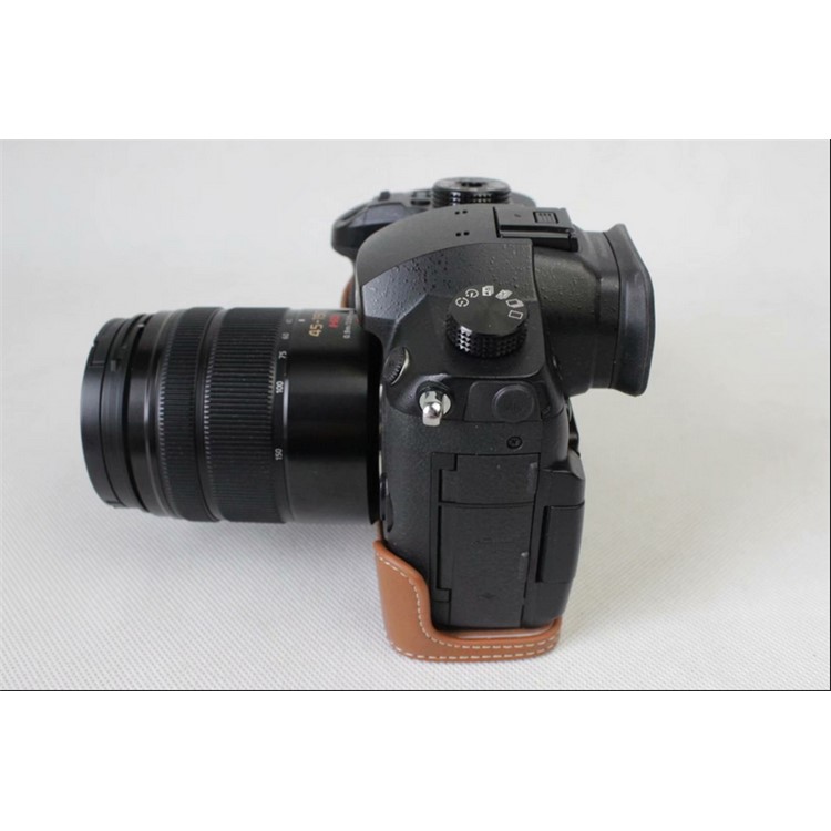Genuine Leather Half Camera Bag Case Protector for Panasonic DMC-GH5GK / GH5 Camera - Brown-4