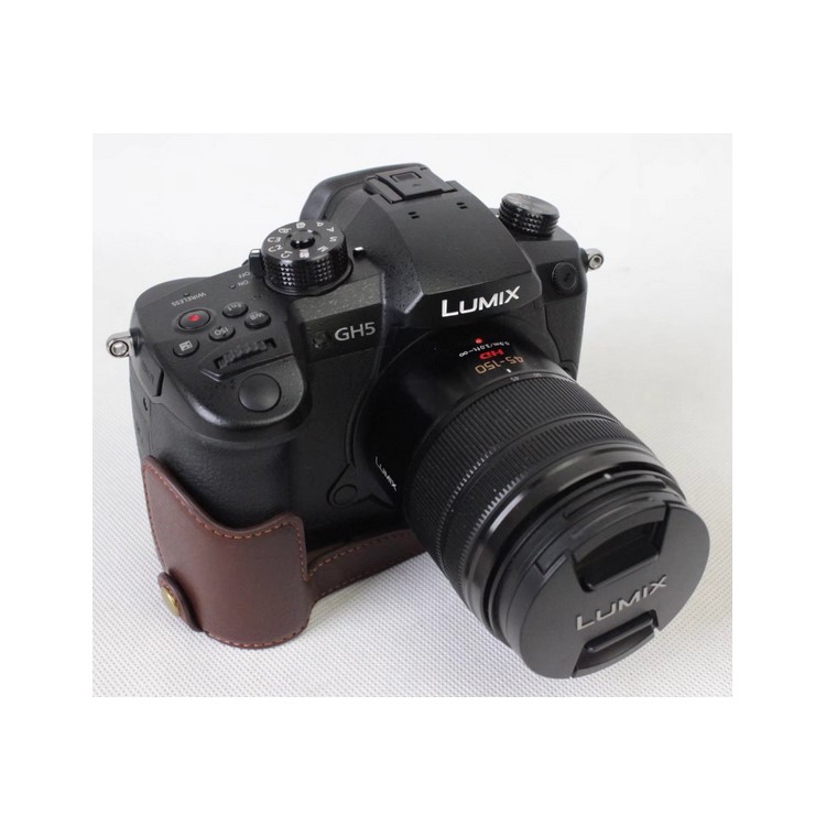 Genuine Leather Half Camera Cover Bag Case Protector for Panasonic DMC-GH5GK / GH5 Camera - Coffee-1