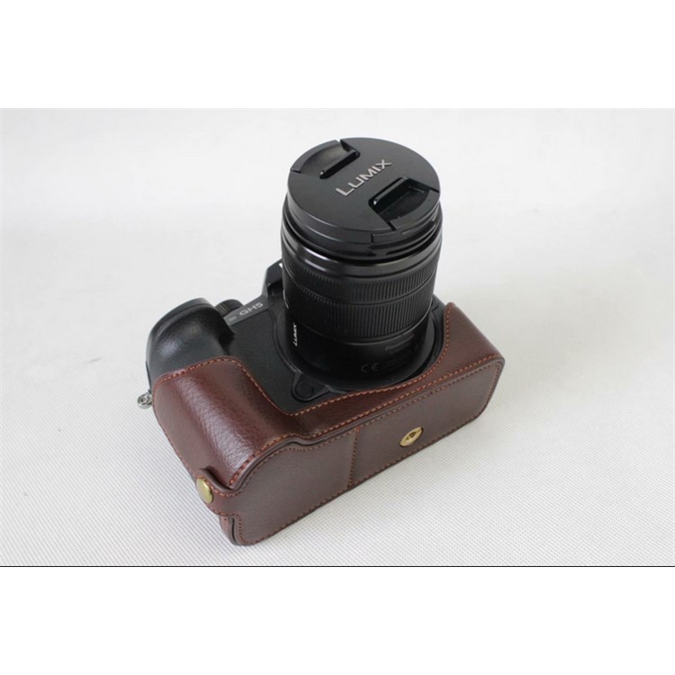 Genuine Leather Half Camera Cover Bag Case Protector for Panasonic DMC-GH5GK / GH5 Camera - Coffee-6