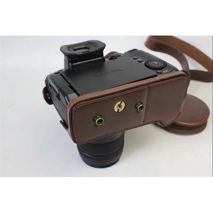 PU Leather Protective Cover + Strap + Camera Lens Bag for Panasonic DMC-GH5GK Camera with 45-150mm Lens - Coffee-11