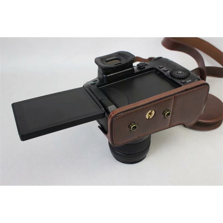 PU Leather Protective Cover + Strap + Camera Lens Bag for Panasonic DMC-GH5GK Camera with 45-150mm Lens - Coffee-12