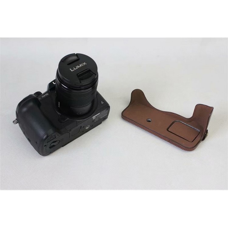 PU Leather Protective Cover + Strap + Camera Lens Bag for Panasonic DMC-GH5GK Camera with 45-150mm Lens - Coffee-14