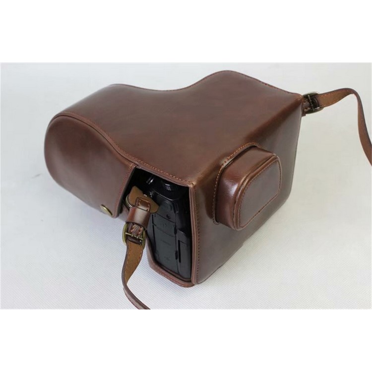 PU Leather Protective Cover + Strap + Camera Lens Bag for Panasonic DMC-GH5GK Camera with 45-150mm Lens - Coffee-3