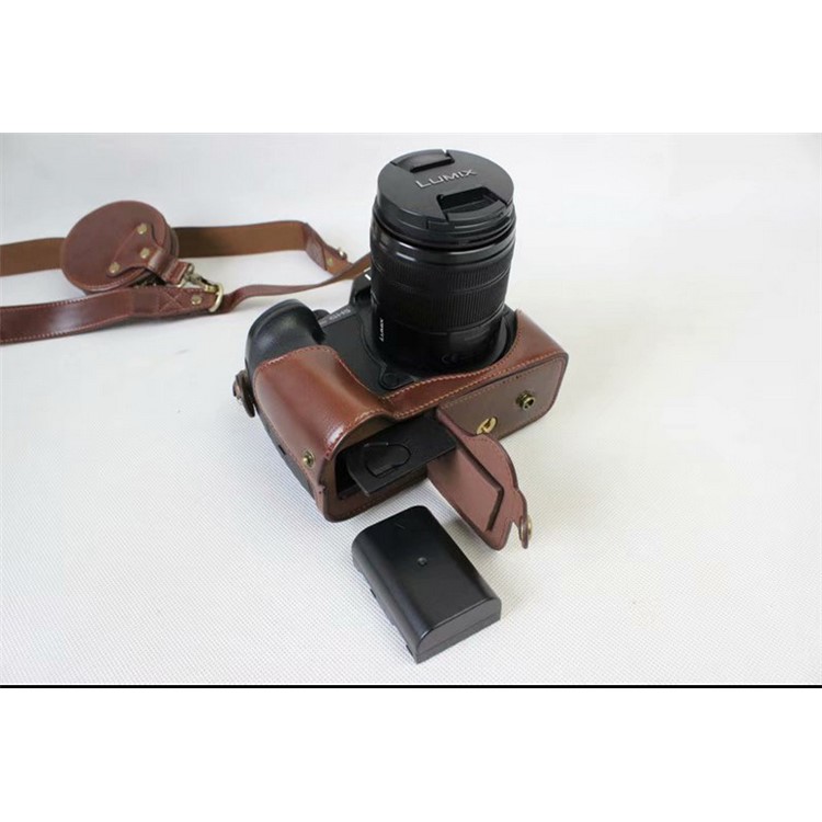 PU Leather Protective Cover + Strap + Camera Lens Bag for Panasonic DMC-GH5GK Camera with 45-150mm Lens - Coffee-6