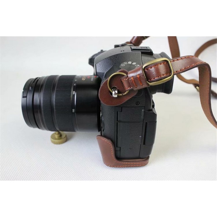 PU Leather Protective Cover + Strap + Camera Lens Bag for Panasonic DMC-GH5GK Camera with 45-150mm Lens - Coffee-9