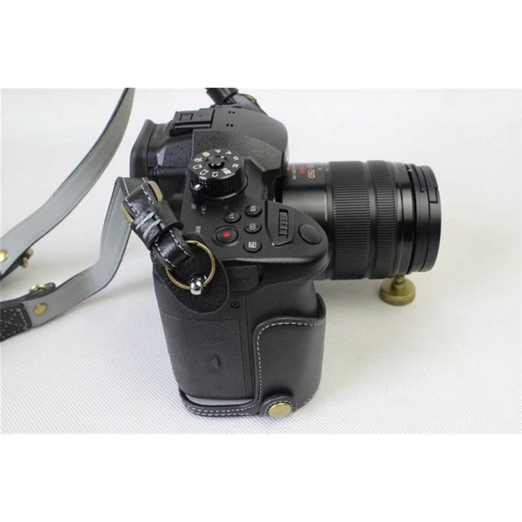 Genuine Leather Protective Case + Strap + Camera Lens Bag for Panasonic DMC-GH5GK Camera with 45-150mm Lens - Black-13