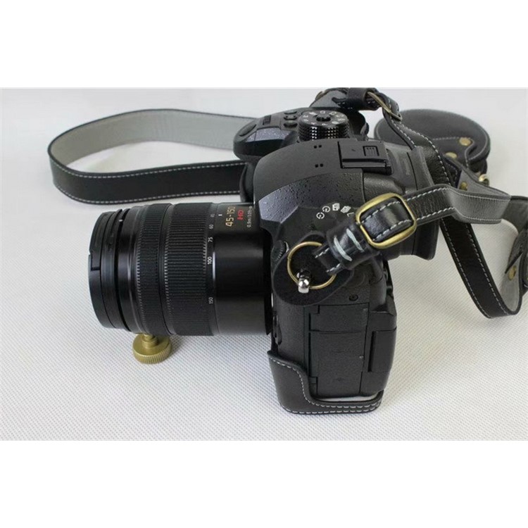Genuine Leather Protective Case + Strap + Camera Lens Bag for Panasonic DMC-GH5GK Camera with 45-150mm Lens - Black-14