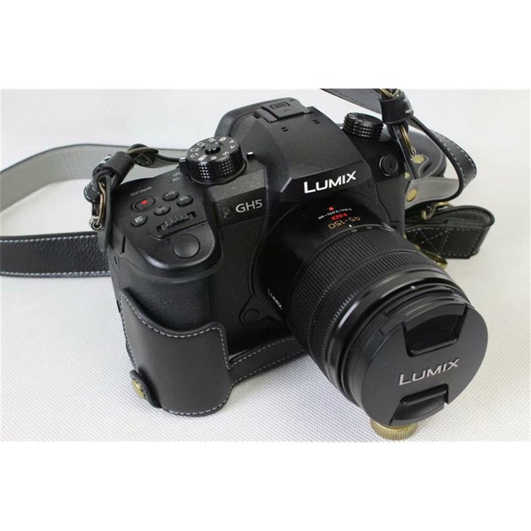 Genuine Leather Protective Case + Strap + Camera Lens Bag for Panasonic DMC-GH5GK Camera with 45-150mm Lens - Black-15
