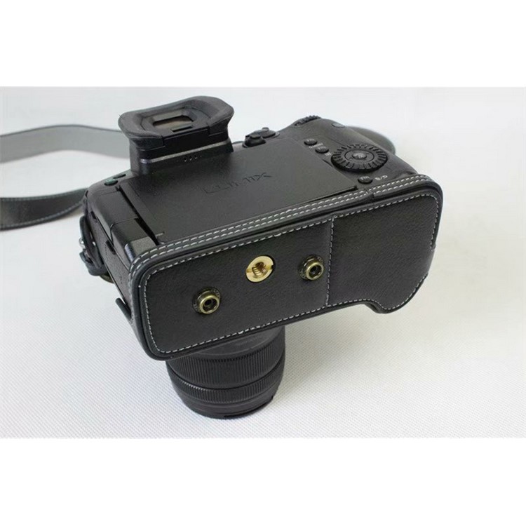Genuine Leather Protective Case + Strap + Camera Lens Bag for Panasonic DMC-GH5GK Camera with 45-150mm Lens - Black-16