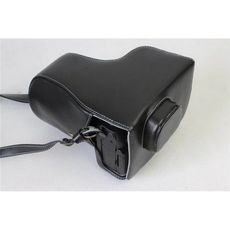 Genuine Leather Protective Case + Strap + Camera Lens Bag for Panasonic DMC-GH5GK Camera with 45-150mm Lens - Black-3