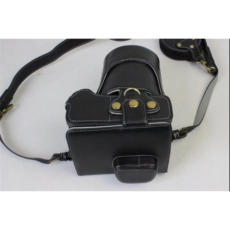 Genuine Leather Protective Case + Strap + Camera Lens Bag for Panasonic DMC-GH5GK Camera with 45-150mm Lens - Black-4