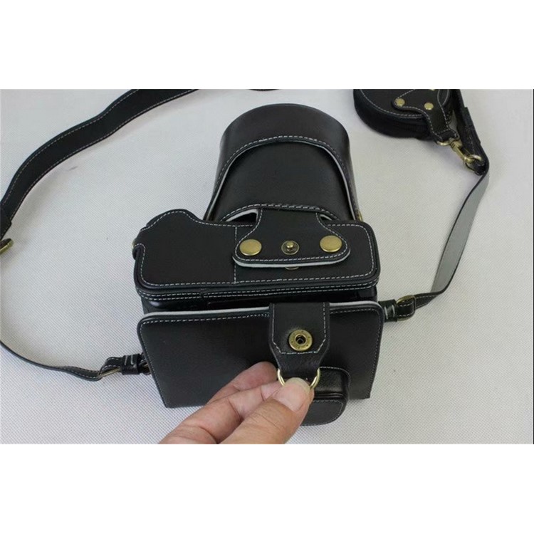 Genuine Leather Protective Case + Strap + Camera Lens Bag for Panasonic DMC-GH5GK Camera with 45-150mm Lens - Black-5