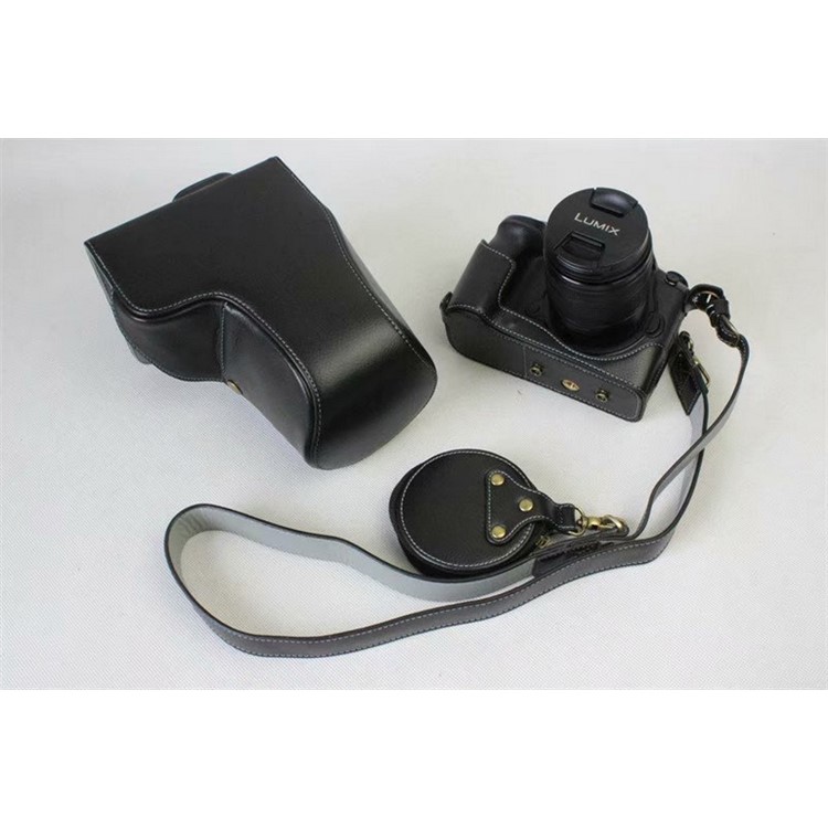 Genuine Leather Protective Case + Strap + Camera Lens Bag for Panasonic DMC-GH5GK Camera with 45-150mm Lens - Black-8