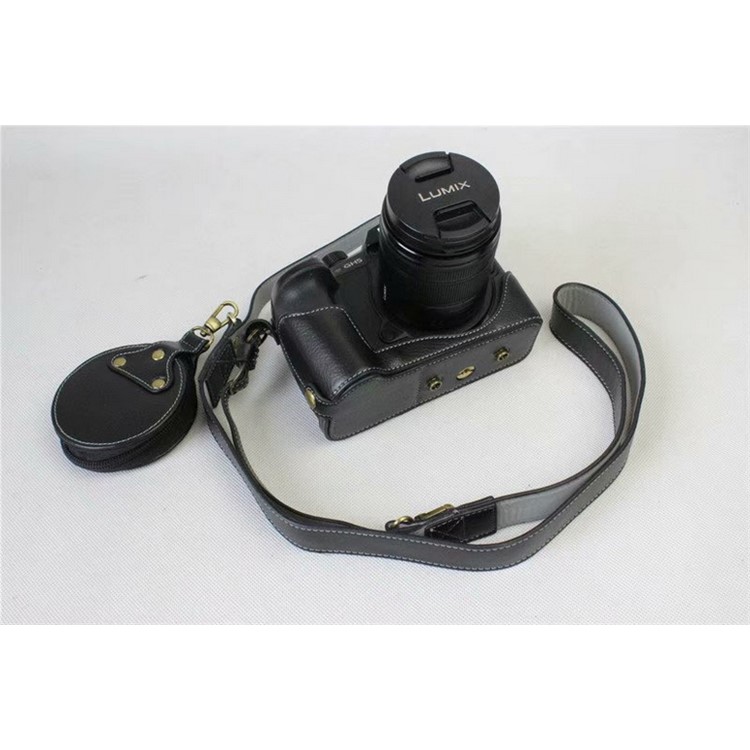 Genuine Leather Protective Case + Strap + Camera Lens Bag for Panasonic DMC-GH5GK Camera with 45-150mm Lens - Black-9