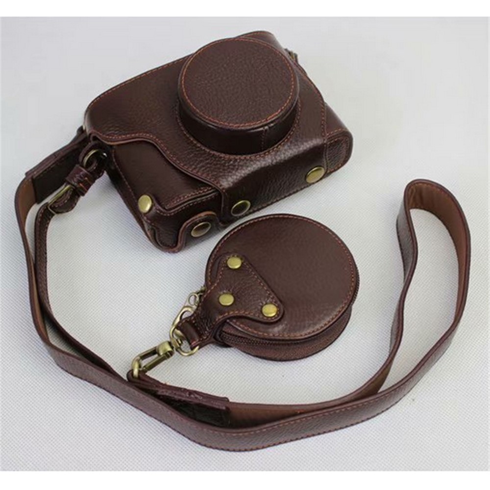 Genuine Leather Camera Protection Cover Shell + Strap + Camera Lens Bag for Fujifilm X100F - Coffee-1
