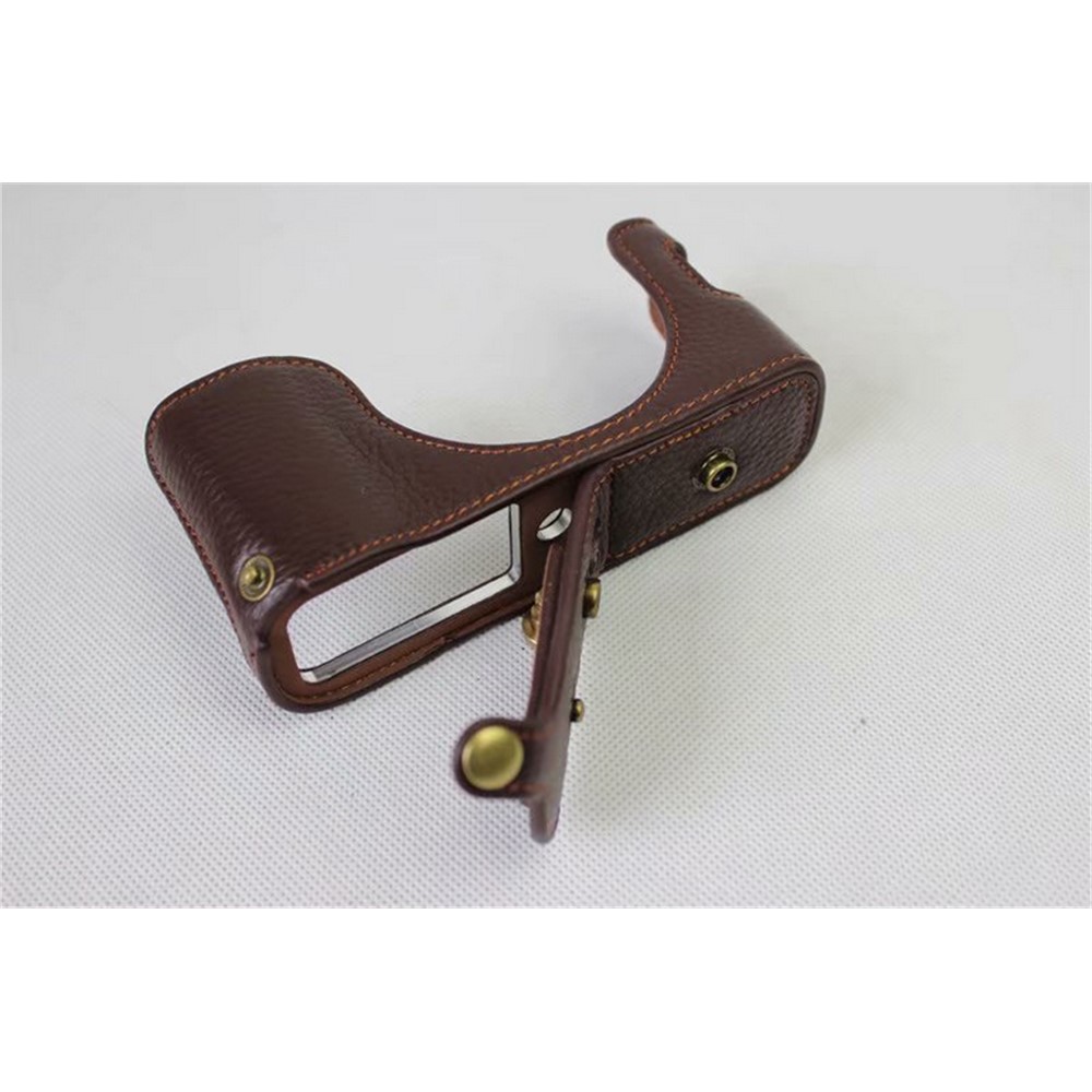 Genuine Leather Camera Protection Cover Shell + Strap + Camera Lens Bag for Fujifilm X100F - Coffee-10