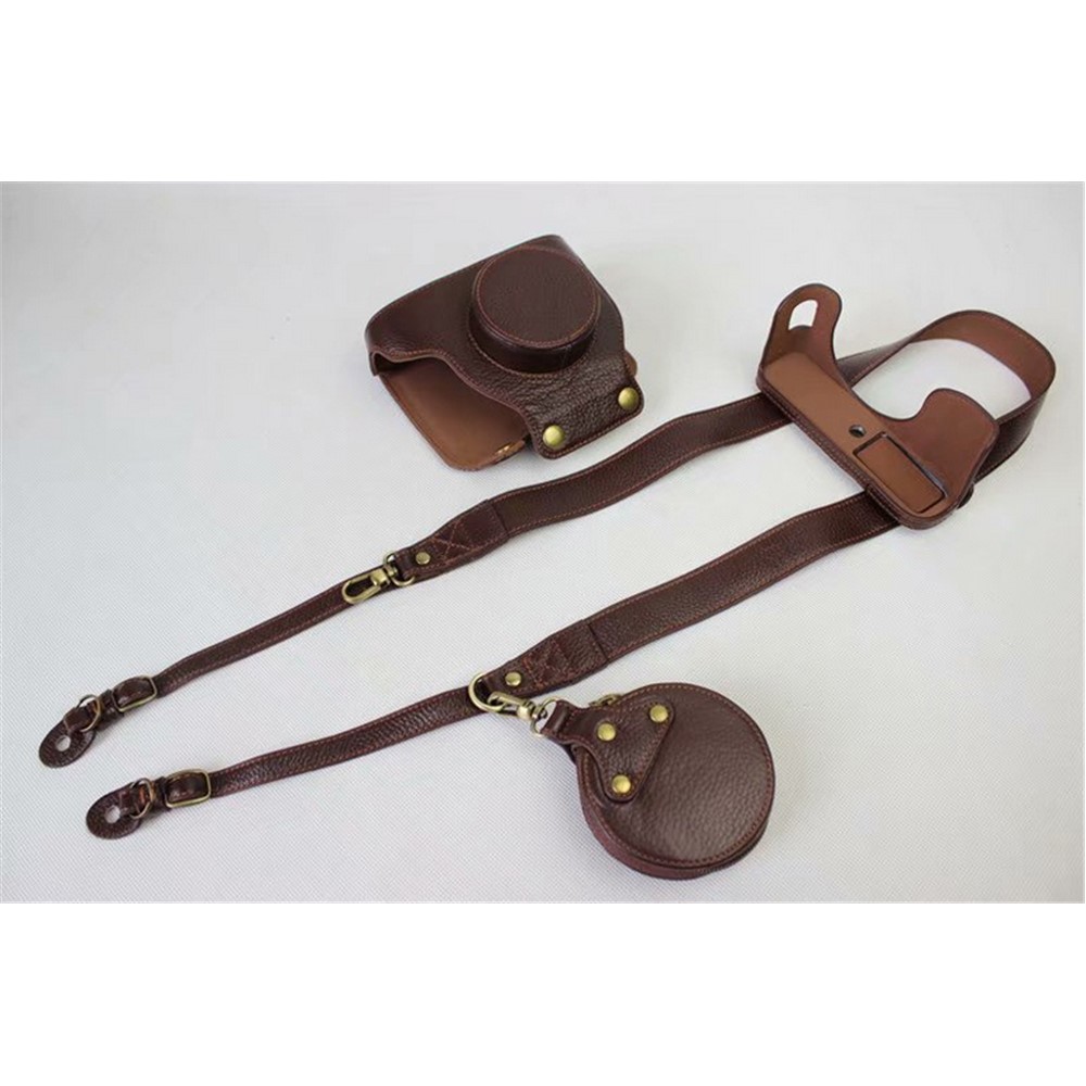Genuine Leather Camera Protection Cover Shell + Strap + Camera Lens Bag for Fujifilm X100F - Coffee-11