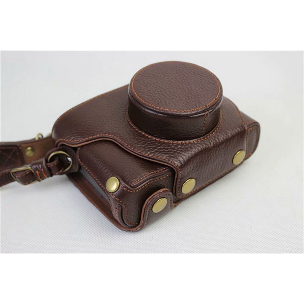 Genuine Leather Camera Protection Cover Shell + Strap + Camera Lens Bag for Fujifilm X100F - Coffee-2