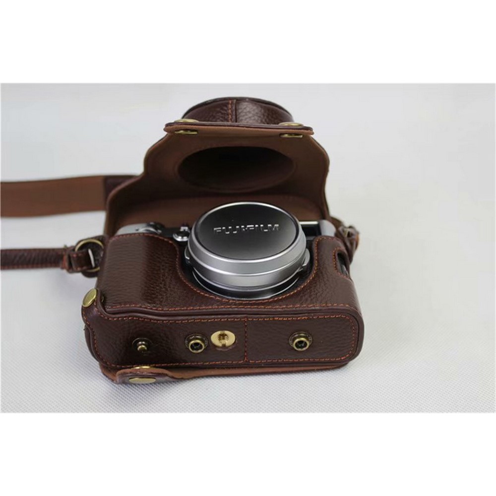 Genuine Leather Camera Protection Cover Shell + Strap + Camera Lens Bag for Fujifilm X100F - Coffee-4