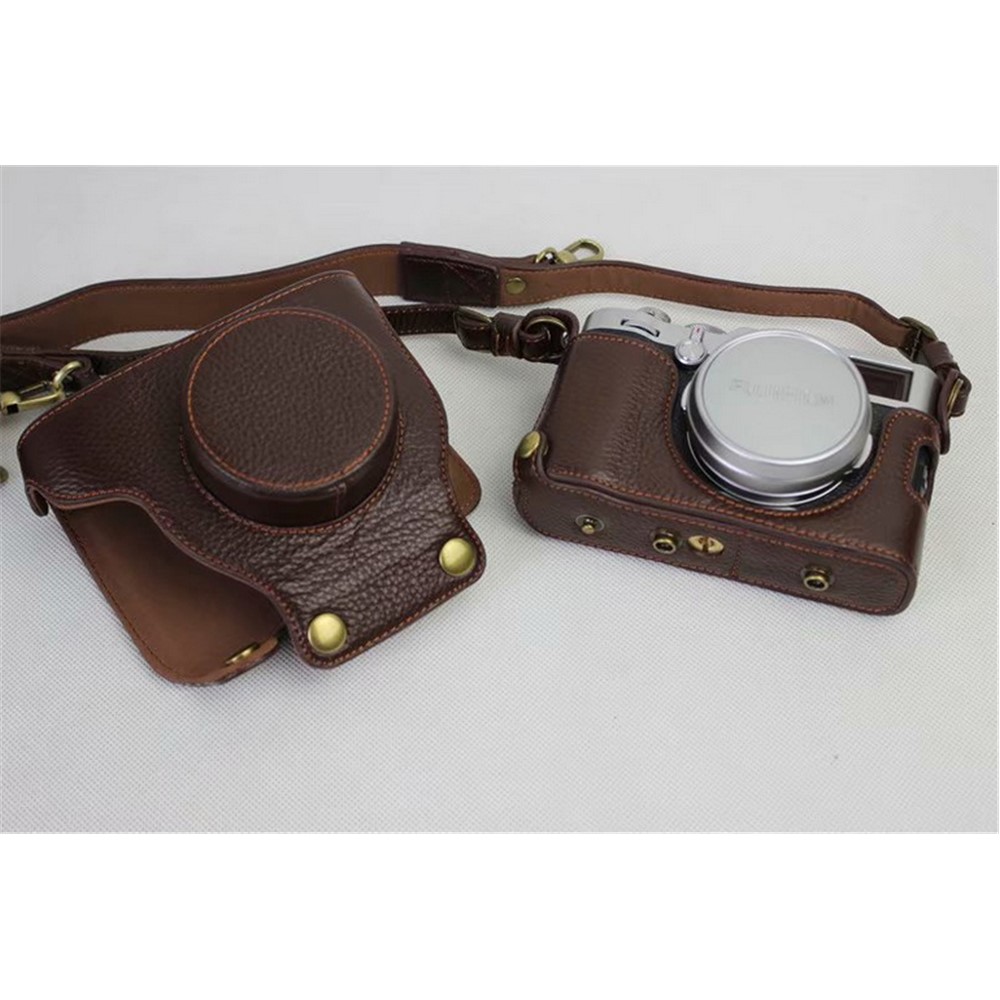 Genuine Leather Camera Protection Cover Shell + Strap + Camera Lens Bag for Fujifilm X100F - Coffee-5