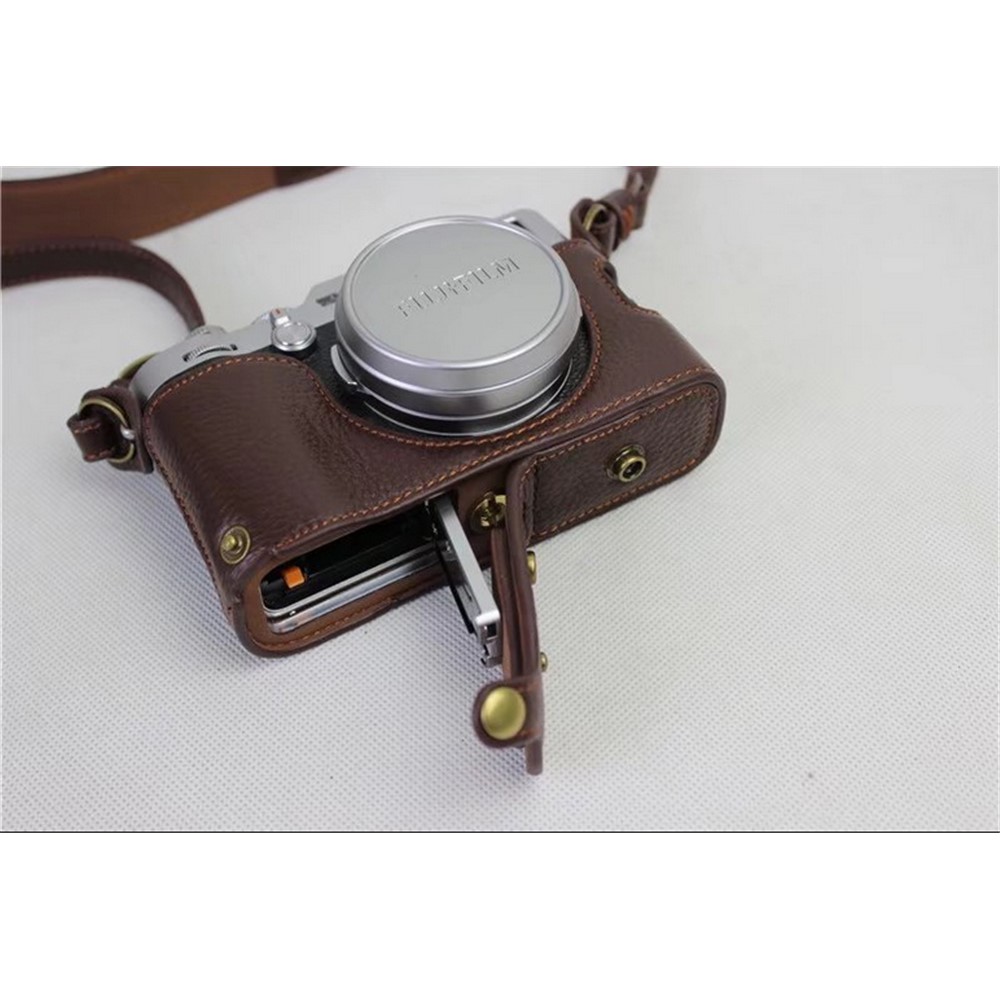 Genuine Leather Camera Protection Cover Shell + Strap + Camera Lens Bag for Fujifilm X100F - Coffee-6