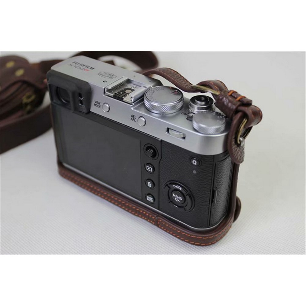 Genuine Leather Camera Protection Cover Shell + Strap + Camera Lens Bag for Fujifilm X100F - Coffee-7