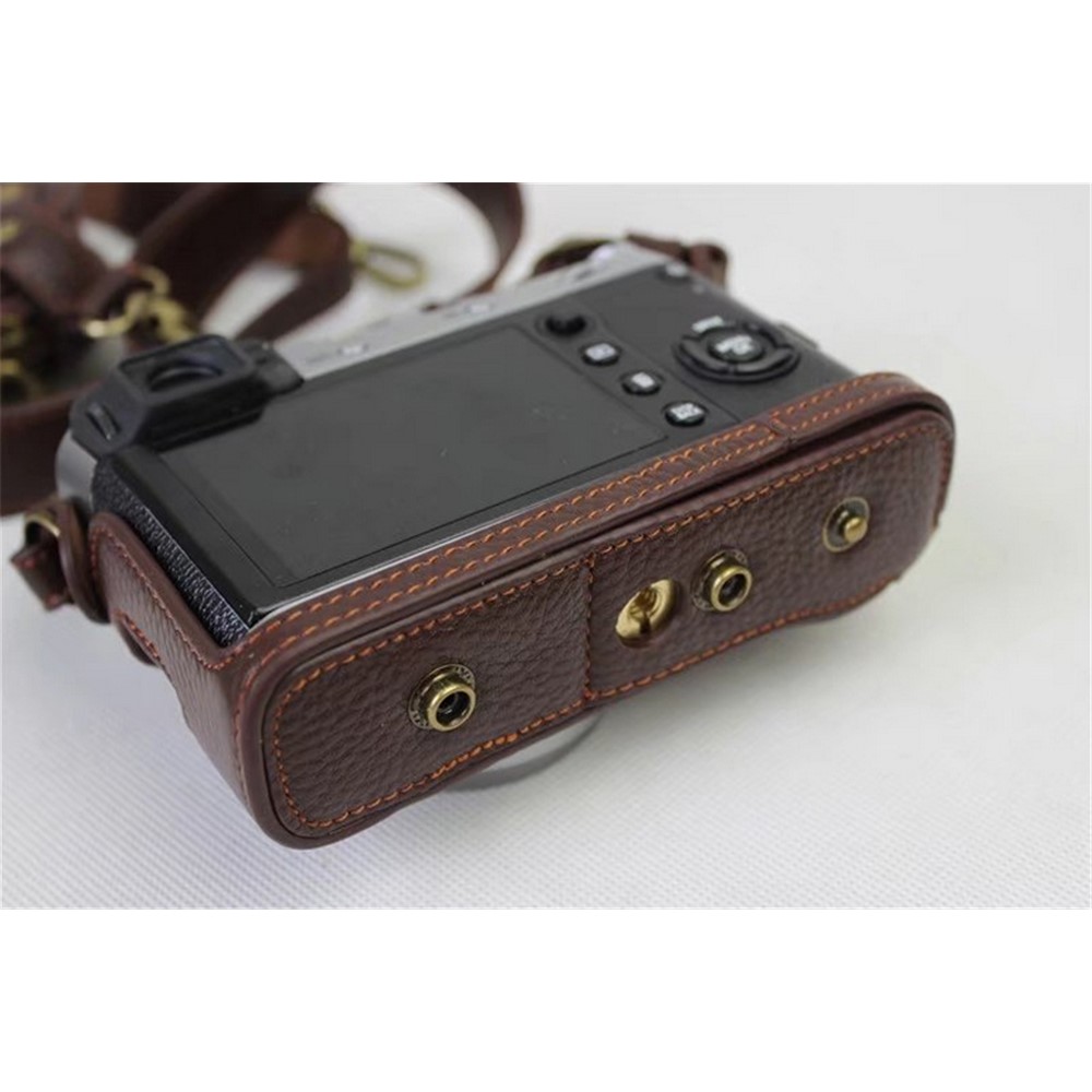 Genuine Leather Camera Protection Cover Shell + Strap + Camera Lens Bag for Fujifilm X100F - Coffee-8