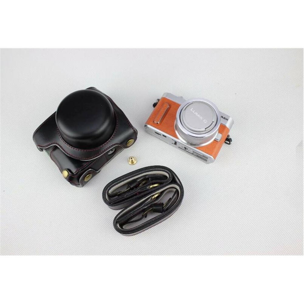 Black - Detachable Base PU Leather Camera Protective Case + Strap for Panasonic GF10-3