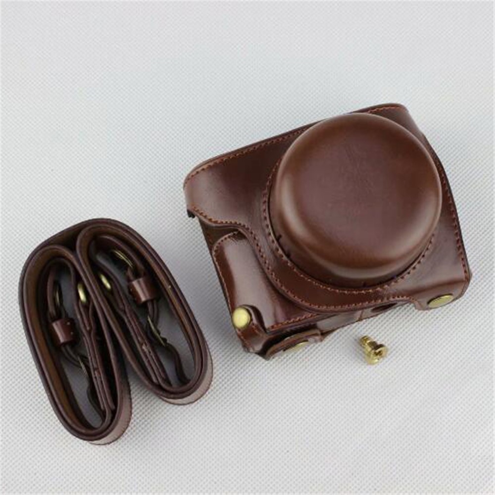 Coffee - Detachable Base PU Leather Camera Protection Pouch + Strap for Panasonic GF10-1