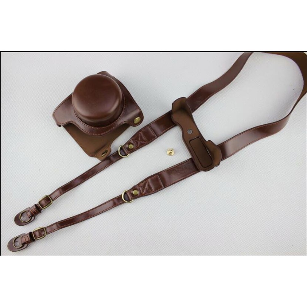 Coffee - Detachable Base PU Leather Camera Protection Pouch + Strap for Panasonic GF10-2