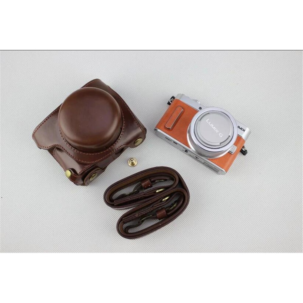 Coffee - Detachable Base PU Leather Camera Protection Pouch + Strap for Panasonic GF10-3