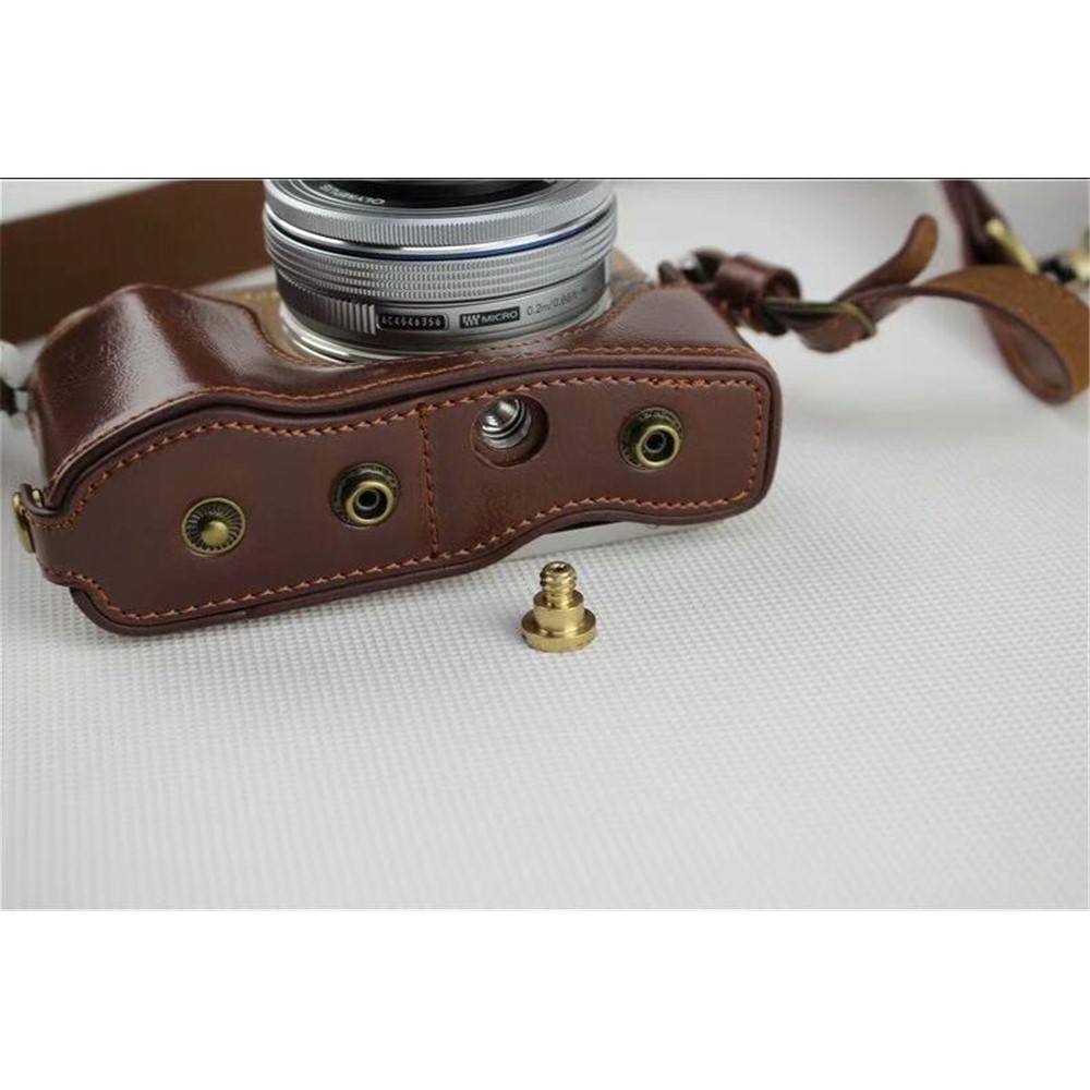 Coffee - PU Leather Half Camera Case Bag Protector for Olympus E-PL9 EPL9 Camera-11