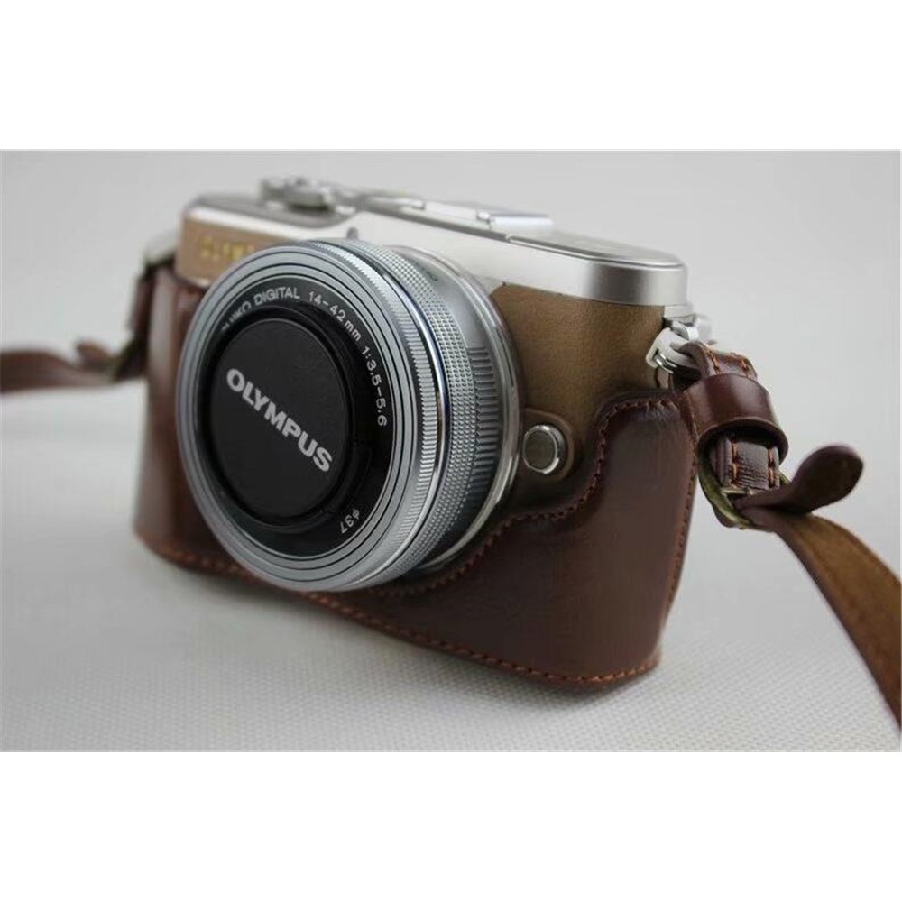 Coffee - PU Leather Half Camera Case Bag Protector for Olympus E-PL9 EPL9 Camera-13