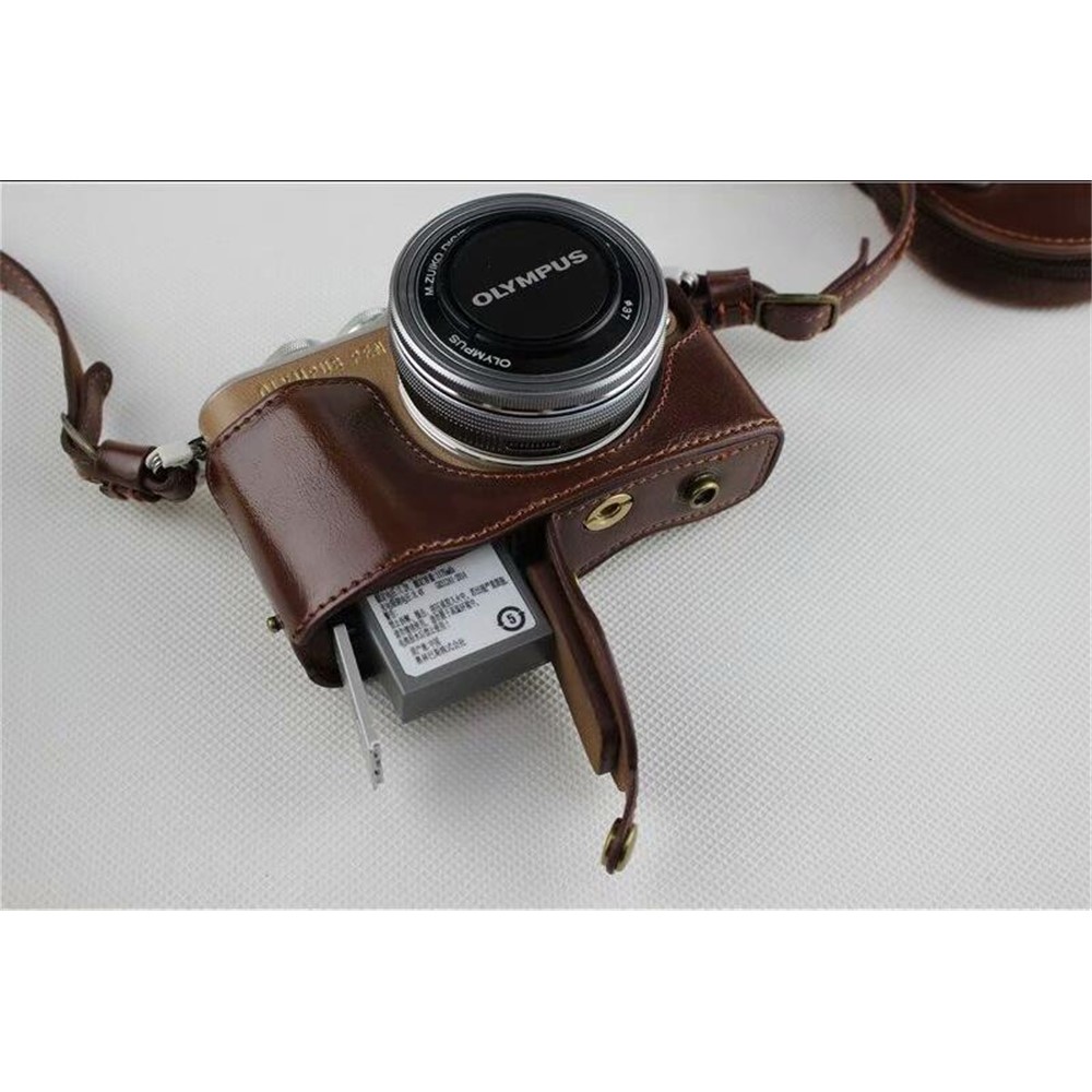 Coffee - PU Leather Half Camera Case Bag Protector for Olympus E-PL9 EPL9 Camera-20