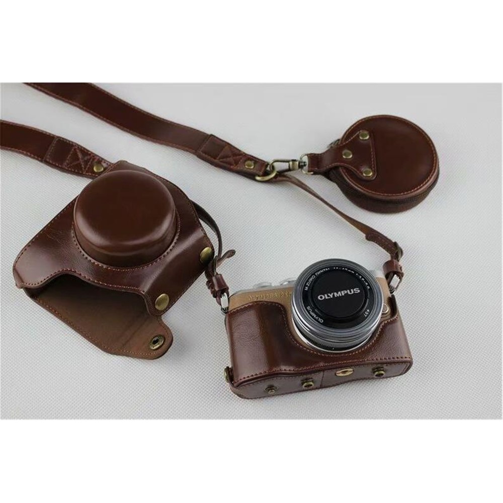 Coffee - PU Leather Half Camera Case Bag Protector for Olympus E-PL9 EPL9 Camera-21