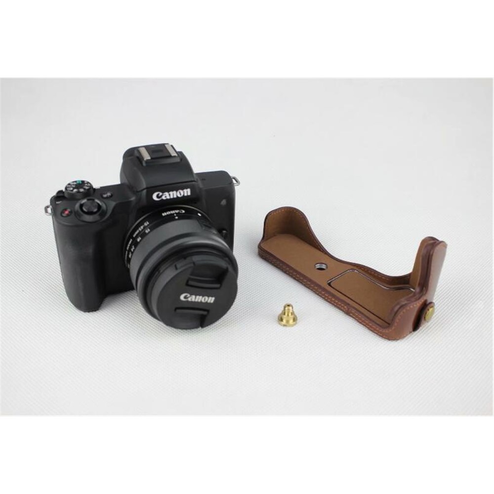 PU Leather Camera Half Case Bottom Mount Cover for Canon EOS M50 - Coffee-3
