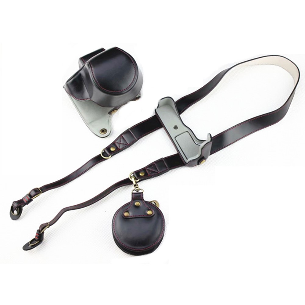 PU Leather Protective Bag Cover + Strap + Camera Lens Bag for Canon EOS M50 - Black-2