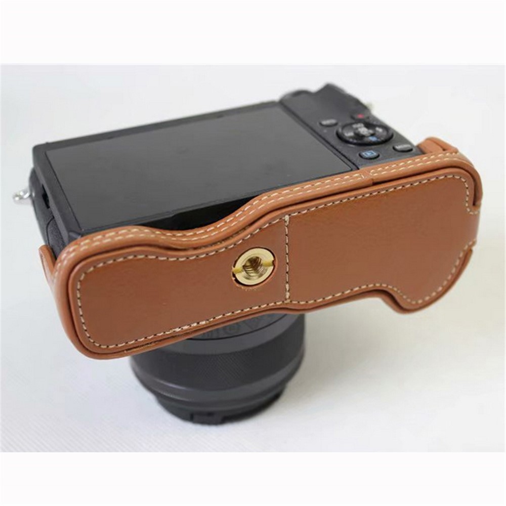 Genuine Cowhide Leather Half Case Bag for Canon EOS M6 Digital Camera - Brown-1