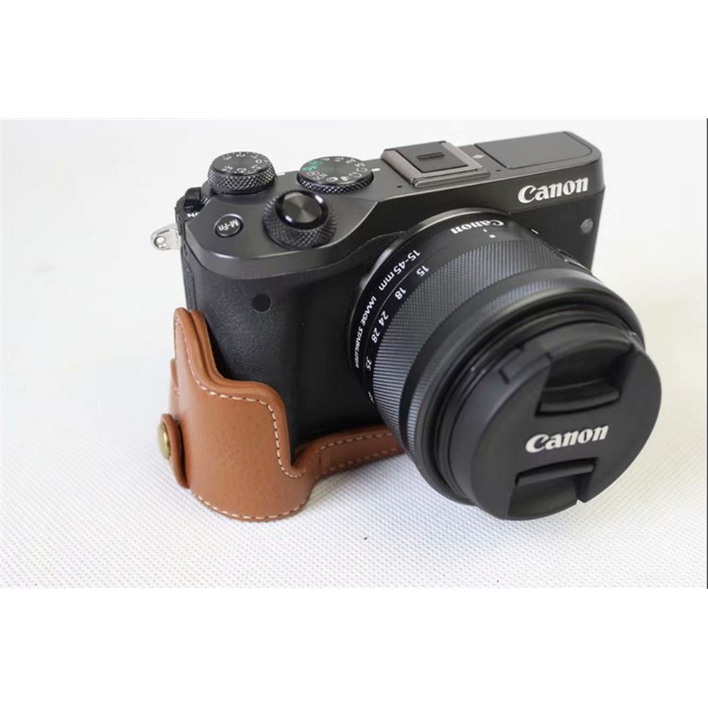 Genuine Cowhide Leather Half Case Bag for Canon EOS M6 Digital Camera - Brown-2