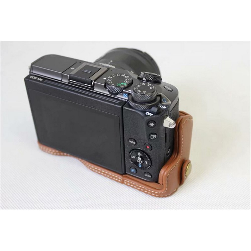 Genuine Cowhide Leather Half Case Bag for Canon EOS M6 Digital Camera - Brown-5