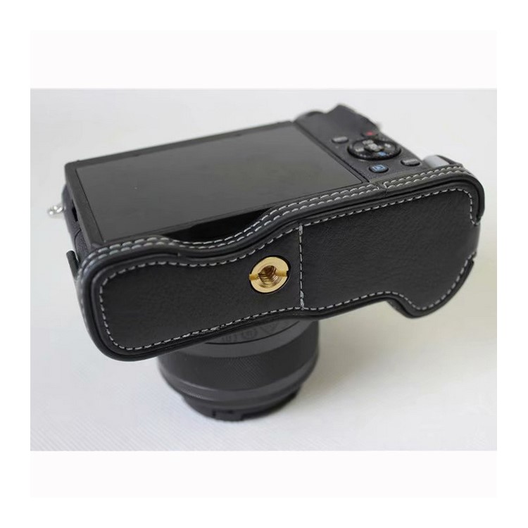 Genuine Cowhide Leather Half Protective Bag for Canon EOS M6 Digital Camera - Black-1